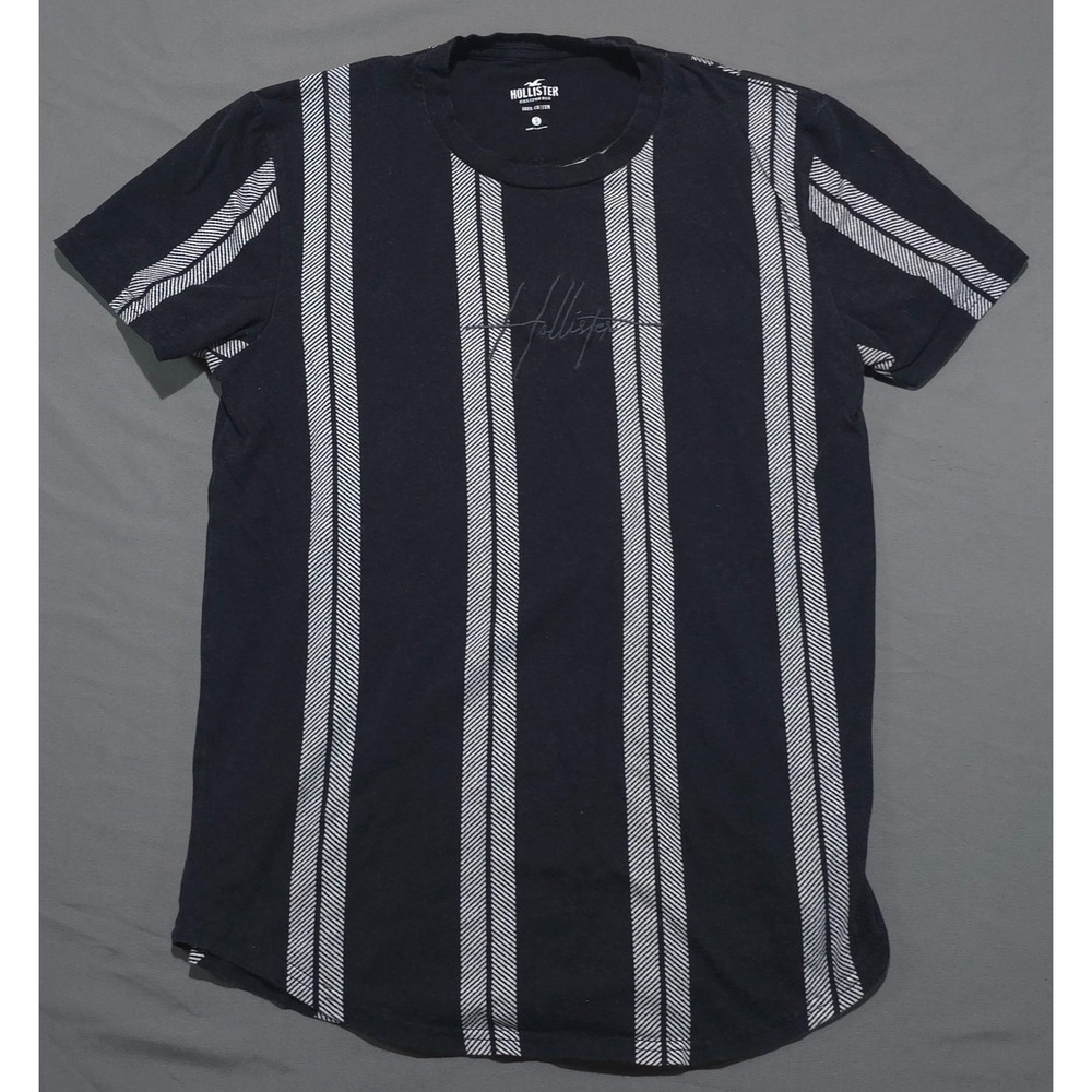 Hollister Crewneck Mens Small Black White Cotton Vertical Stripe Logo T Shirt